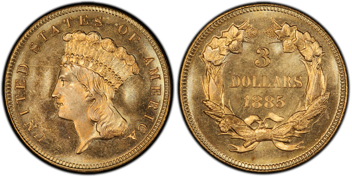 1885 Three-Dollar Gold Piece. MS-66+ (PCGS).